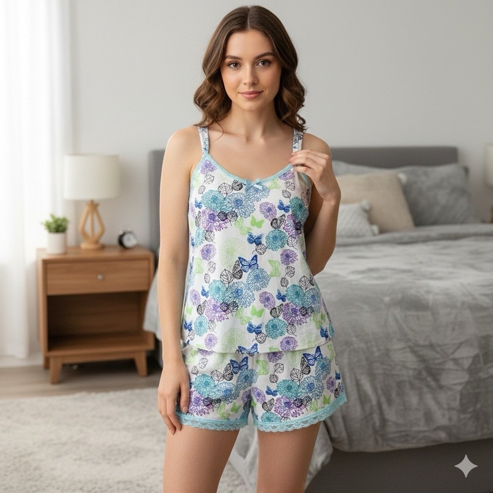 Womens 1X Plus Size Butterfly Floral Pajama Set Cami Top Shorts Sleepwear PJs